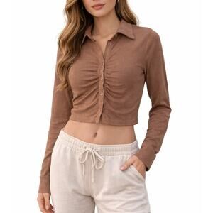 Beige Botany Long Sleeve Collared Button Up Cropped Top Stretch Size Small Tan